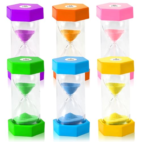 Druuzyl 6er Set Bunte Sanduhren für Kinder (1/3/5/10/15/30 Min) – Zeitmesser für Lernen, Spiel & Alltag, Kreative Geschenkidee mit Sicherem Design | Buntes Sanduhren-Set zur Zeitmessung