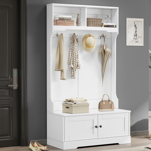 KOMHTOM Appendiabiti bianco con scarpiera Set di guardaroba per ingresso con quattro ganci Set di armadietti per l'ingresso per camera da letto