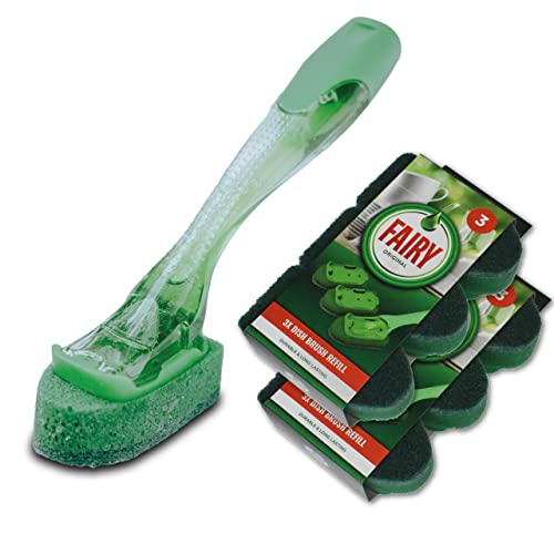 Addis Fairy Soap Dispensing Non Scratch Sponge Scourer Dish Brush with 6 Pack of Spare Replacement Refill Heads Green & Clear One Size