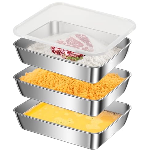 Dulynva 3 piezasJuego de bandejas para empanar, juego de bandejas para empanar de acero inoxidable de 25,5 x 20 x 5 cm, fácil de limpiar para carne, pescado y verduras