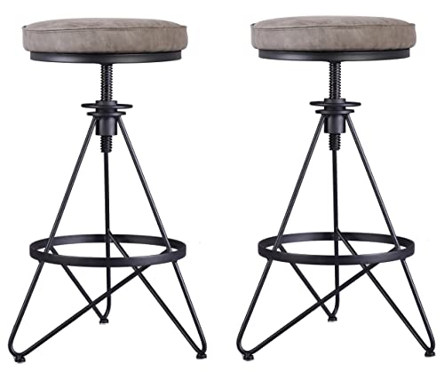 Lokkhan Black Metal Industrial Bar Stool-24-30 Vintage Adjustable Swivel Round Pu Leather Stools,Rustic Farmhouse Kitchen Counter Breakfast Stool,Backless,Welded #TOP3