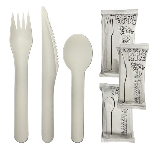 Cubiertos Desechables de Papel Blanco 150 Piezas (50 Tenedores, 50 Cuchillos, 50 Cucharas) | Resistentes, Compostables y Biodegradables | Pack Grande para Fiestas, Eventos y Catering | VP VIVA PAPER