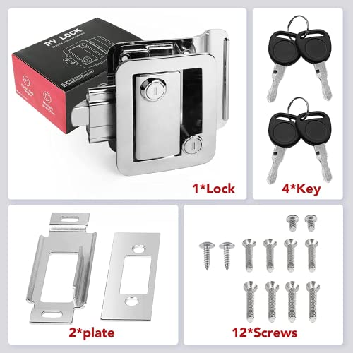 MKING RV Door Lock, Camper Door Lock, RV Entry Door Latch, Travel Trailer Door Latch Zinc Alloy Lock Replacement Kit for Trailer Camper Cargo Hauler, Silver