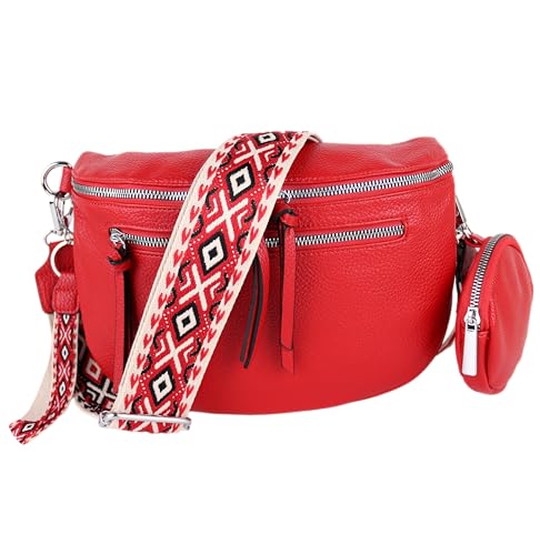 MIRROSI® Bauchtasche Damen, Veganleder 30x20x9cm, Umhängetasche, Brusttasche, Crossbody bag, Kunstleder leder, verstellbare Schulterriemen Bohemian Style (Rot)