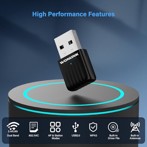AC650 USB WiFi Adapter for PC Desktop, 2.4G/5G Dual Band Wireless Dongle, WiFi Network Adapter with Drive-Free for Windows7/10/11, AP Mode (NA1500)