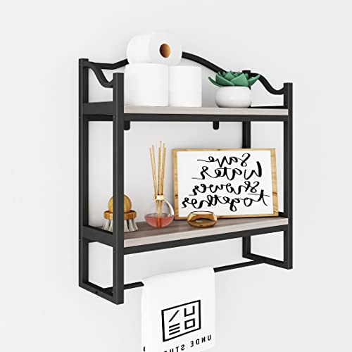 Dr.iron Black Wall Bathroom Shelves With Towel Holder,Industrial Wall Shelves For Bathroom Floating Shelves Towel Racks Storage Shelf Rack(2-Tier) (Black Bracket & Gray Shelves) #TOP1