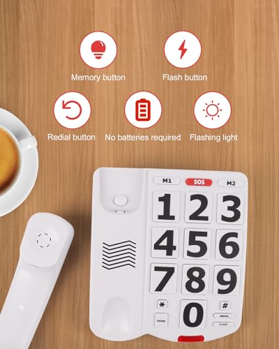Image of Big Button Phone for Seniors, Large Button Phones for Elderly with Picture, Hand-Free Corded Phone with LED Call Alert, Adjustable Volume and 3 One-Touch Dialing for Elderly People, White