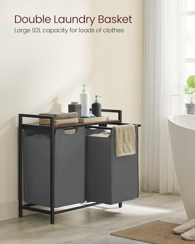 Image of VASAGLE Laundry Hamper, Laundry Basket, Laundry Sorter with 2 Pull-Out and Removable Bags, Shelf, Metal Frame, 2 x 12.1 Gallons (46 L), 28.8 x 13 x 28.4 Inches, Slate Gray and Rustic Brown UBLH201G01