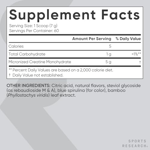 Image of Sports Research Creatine Monohydrate Powder 5g, Blue Raspberry (14.18oz) | Gain Lean Muscle, Improve Performance & Strength & Support Workout Recovery | Sugar Free, Vegan, Non-GMO - 60 Servings