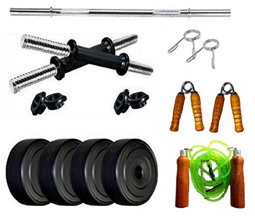 Spanco Home Gym with 18 Kg. P.V.C Weight Plates (2.5 Kg. X 4 = 10 Kg. + 2 Kg. X 4 = 8 Kg.), Straight Rod, Dumbell Rods & 2 Accessories for Fitness, Weight Lifting, Body Shaping & Body Toning