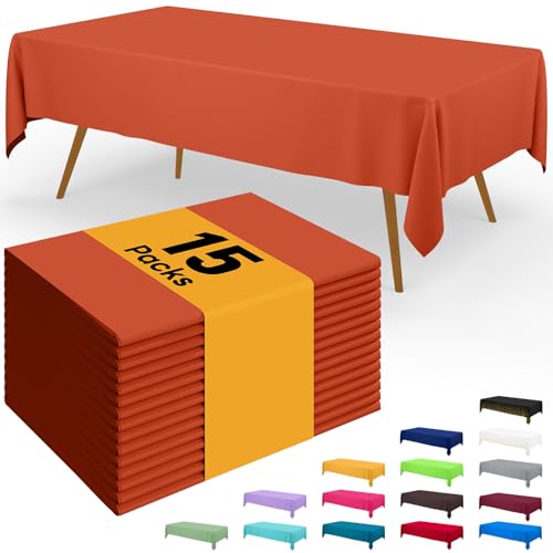 Image of Smiry Disposable Table Cloth - 15 Pack, 54 x 108 Inch Waterproof Rectangle Tablecloths for Parties, Decorative Plastic Table Cover, Leakproof & Sturdy, Burnt Orange