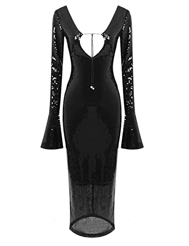 Image of Women's V Neck Long Sleeve Glitter Sequins Mermaid Evening Gown Dress