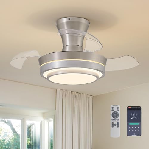 Retractable Small Led Ceiling Fan with Light and Remote 28 Inch Low Profile Brushed Nickle Modern Fandelier for Bedroom Living Room Dimmable 6 Speed Reversible Smart Ceiling Fan