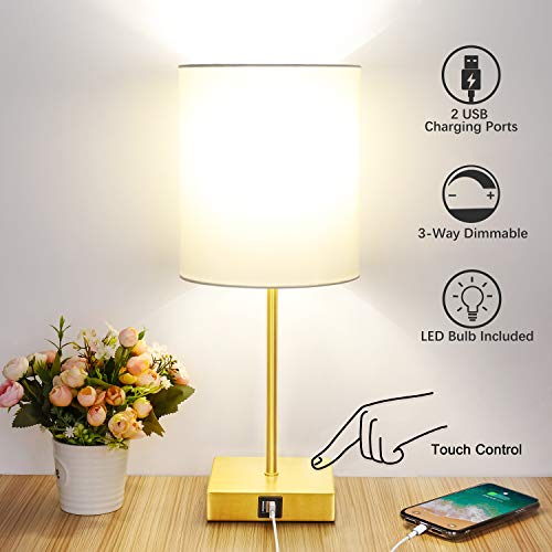 Touch Control Table Lamp, 3-Way Dimmable, 2 USB Fast Charging Ports, Bedside Nightst