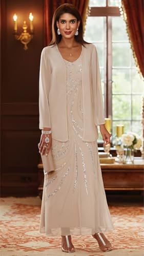 WangLiJun Two Pieces Mother of The Bride Dresses with Jacket Women's Sequins Long Sleeves Formal Evening Gowns WLJ1302