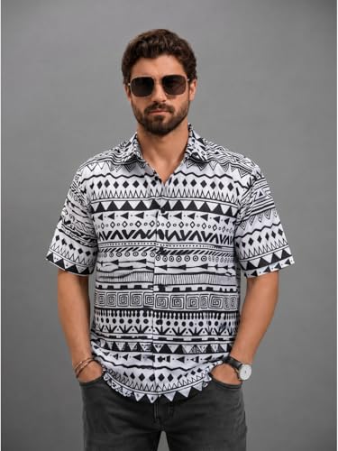 Image of BROWN CULTURE Men Relaxed Fit Casual Shirt | Cotton Blend Loose Fit Oversized Shirts for Men | Trendy Half Sleeve Oversized Printed Shirts | Fashionable Summer Graphic Shirt