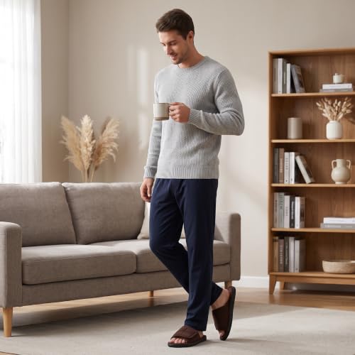 Image of Men's Open Toe Slippers, 60D Memory Foam Indoor Slip on All-Season Wear | Adjustable Strap, Luxurious Suede Upper, Machine Washable, Gift, Moisture-Wicking Coral Fleece Lining