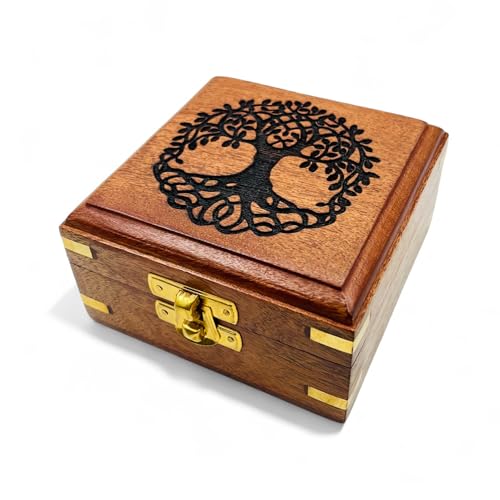 Handmade Wooden Tree of Life Box | Brass Inlay Jewellery & Keepsake Organizer | Rustic Brown Vintage Trinket Box for Tarot, Crystals & Gifts | Sustainable Wood Storage Box (10x10x5.5 cm)