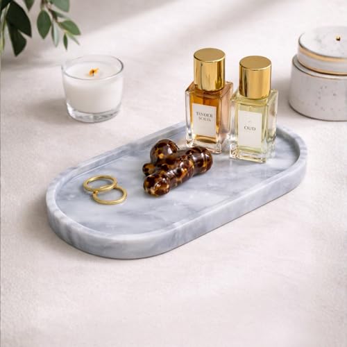 Carrara Gray Marble Oval Bathroom Vanity Tray – 12”x6” Gray Marble Tray for Countertop, Perfume & Jewelry Display | Solid 2cm Thick Stone Tray