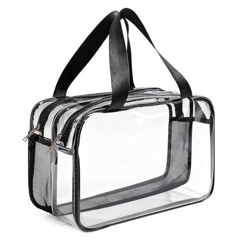 Borsa da Viaggio Trasparente per Articoli da Toilette Grande, 31×21.1×16 Centimeteri in PVC Resistente all'Acqua con Doppio Scomparto e Cerniera per Viaggi Aerei, per Uomini e Donne