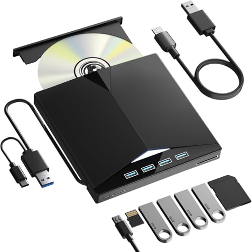 Image of External CD DVD Drive Player, USB 3.0 USB-C Portable CD DVD + /-RW Disk Drive Burner CD-ROM Reader Writer for Laptop Desktop PC (DVD Writer - XD010)