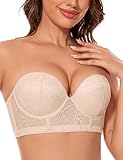 Crushnow Longline Strapless Push Up Bras for Women Multiway Padded Uplift Corset Lace Bra Underwire Support Nude, 36C