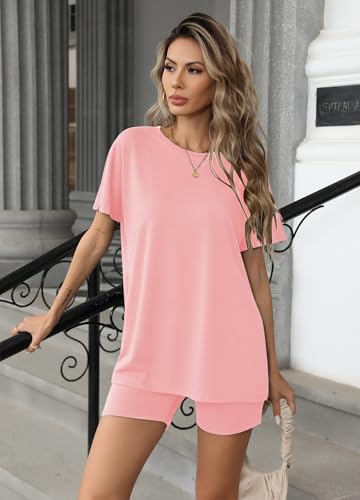 Image of Ekouaer Women's 2 Piece Lounge Set 2026 Summer Biker Shorts Set Outfits Short Sleeve Oversized Top Matching Tracksuit