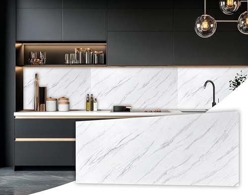 Marble Effect Look Panels for Kitchen,Bathroom and Shower Wet Walls Areas, Tile Splash Back Cover Tiles (White & Grey 2 Panels)