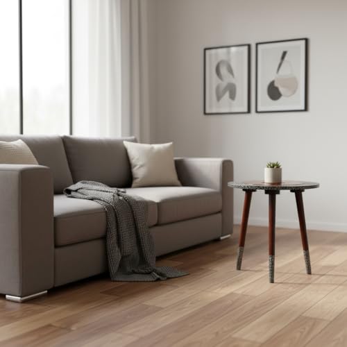 Image of Arvix Store Wooden Coffee Table with Engineered Wood Top- Solid Mango Wood Legs & Antique Aluminium Design- Perfect for Living Room & Home and Office Decor (Round)