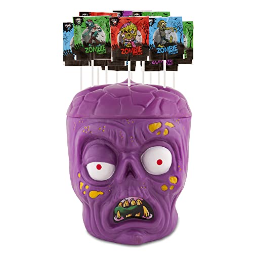 Caramelos Cerdán - Piruletas Zombie LokoPop Pintalenguas de Sabores Variados | 175 Unidades | Cubo con Forma de Cabeza de Zombie | Sin Gluten ni Alérgenos | Ideal para Eventos y Cumpleaños