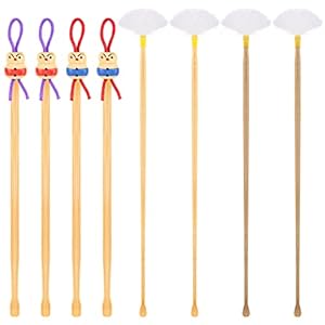 8 Pcs Bamboo Ear Picker Ear Cleaning Spoon Cute Doll Goose Feather Wood Pick Chinese Scraper Wax Removers Cleaning Tool for Adult (Cute Style,105mm, 135mm)