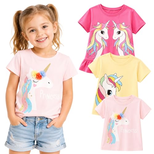 Image of Girls Graphic T Shirts 3 Pack 100% Cotton Short Sleeve Tees for Toddler Little Big Girls Cute Printed Casual Summer Tops