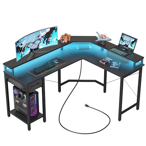 Image of CubiCubi 59 Inch L Shaped Desk with USB Charging Ports and LED Lights, Corner Computer Desk with Drawer and Storage Shelf, Home Office Desks with Monitor Stand and Power Outlets, Modern Black