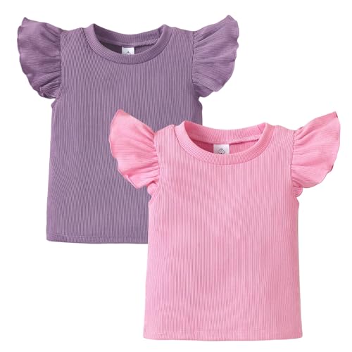 Image of OPAWO Toddler Long Sleeve Shirt Girl Ruffle Sleeve Ribbed Tops Tees Blouses | Girls shirts 2 pack, Solid color, Versatile, Super soft, Breathable, Stretchy, Gentle on skin, Fall winter clothes, 1-6 Years