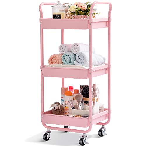 KINGRACK Carrito de almacenamiento, 3 niveles, carrito de cocina, carrito de organización con ruedas, carrito de utilidad, carrito rodante, estantería, carrito organizador, color rosa