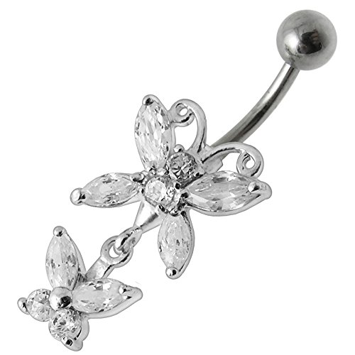 Clear Cz Gemstone Stylish Double Butterfly Dangling 925 Sterling Silver Belly Ring Body Jewelry #TOP1