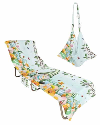 Watercolor Gnomes Beach Chair Towel Covers for Chaise Lounge with Side Pocket, Soft Plush Pool Towels Cover for Patio Sunbathing Outdoor 29''x85'' Eucalyptus Leaves Spring Flower Eggs