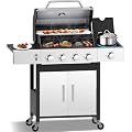 CIG GARDEN 4 Burner Propane Gas Grill with Side Burner,3 in 1 Propane Gas BBQ Grill,Double-layer Stainless Steel BBQ Grill Lid with Cast Iron Grates,52000 BTU Output for Camping, Patio, Backyard