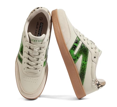 Image of LUCKY STEP Women Retro Gum Sole Fashion Sneakers | Genuine Leather Classic Tennis Skate Walking Shoes Anti Slip Trainers