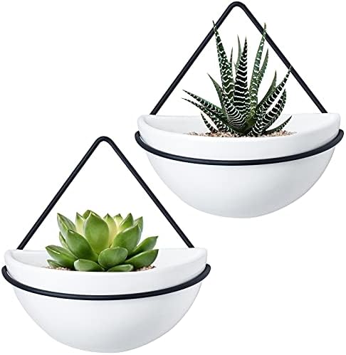 Mkono Ceramic Wall Planter Set of 2 Hanging Planter with Metal Geometric Plant Hanger, Modern Wall Mounted Plant Pot for Succulent Air Plant Cactus Indoor Home Office Decor Gift Idea, Black