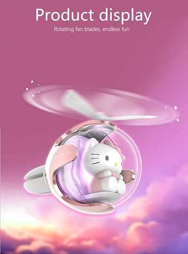 Image of Kitty Car Air Freshener, Cute Pink Cat Pilot Air Vent Clip Interior Accessory, with 6 Color Changes, Rotating Propeller Car Air Outlet Fan, Creative Cartoon Car Air Freshener