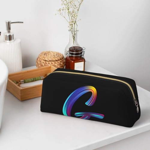Image of Cute Initial Pencil Case for Kids Simple Leather Pencil Pouch for Boys Girls Letter Design Pencil Box Pen Bag Pencil Pouch Office Stationery Organizer, Rainbow Letter G