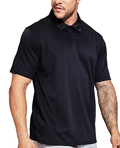 MIER Men's Quick Dry Polo Shirts Polyester Casual Collared Shirts Short Sleeve, Moisture-Wicking, Sun Protection, Black, L
