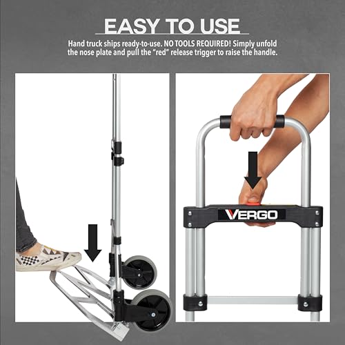 Vergo 275 Ibs Capacity Folding Hand Truck Dolly – Lightweight Aluminum Frame Dolly Cart with 42" Telescoping Handle, Compact Hand Cart with 7” Rubber Wheels - Ideal for Multi-Purpose Use (S300BT) - Thumbnail 3