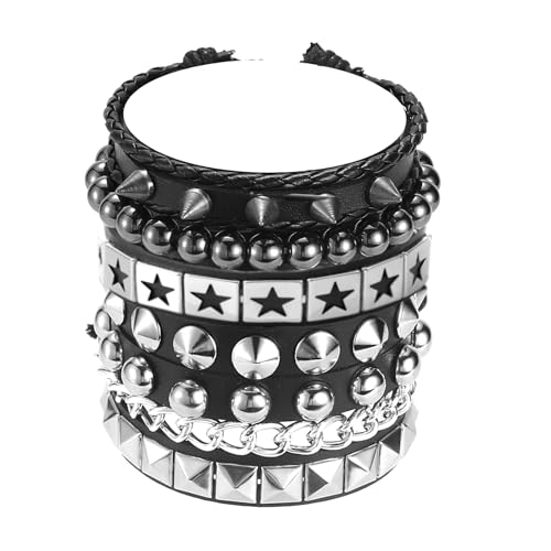 4Pcs/Set Fashion Street Hip Hop Leather Studded Cuff Bracelets Multiple Wristbands Bangle Emo Acceossries for 80s Punk Rock Concert Outfit2