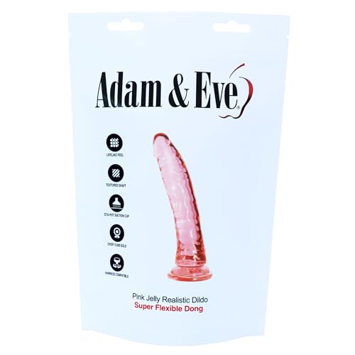 Image of Adam & Eve Pink Jelly Realistic Dildo Suction Cup Base Hands Free Play Flexible Shaft Textured Veins for Added Stimulation Harness Compatible Waterproof Beginner and Couples Friendly 8.25 Inch