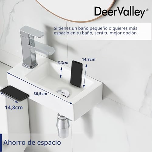 Miniatura 11 de Deervalley Dv-1v081l Lavamanos De Baño De Pared De Cerámica, Lavamanos De Cerámica Rectangular Blanca En Baño Pequeño Mano Izquierda