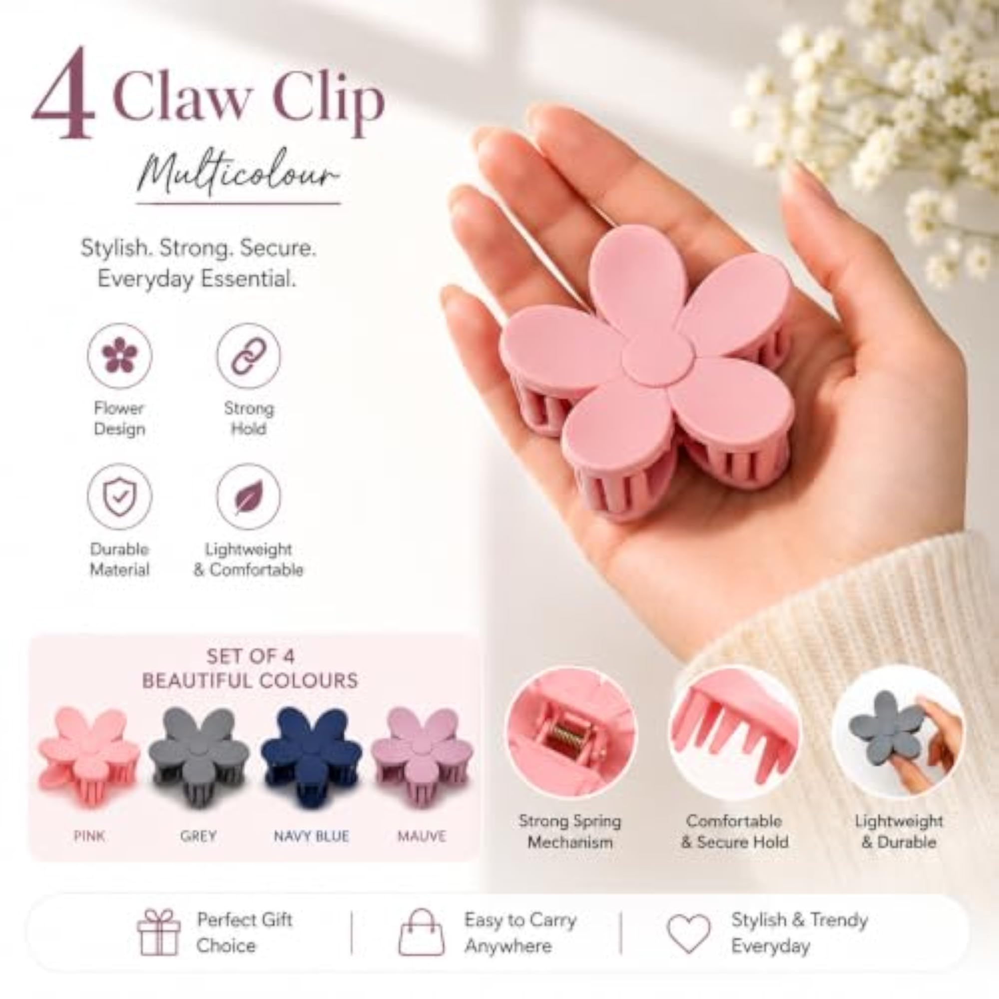 4 Pcs Floral Hair Claw Clips, Strong Hold