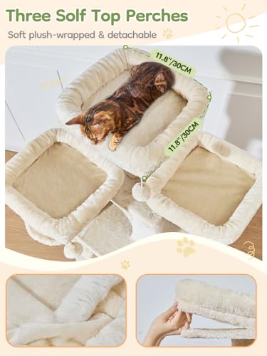Image of Taoqimiao 76-Inch Cat Tree with Scratching Posts,XXL Cat Tower for Large Cats with Cat Scratching Board,Extra-Large Metal Hammock,3 Perches, 2 Big Condos, Hanging Basket, MS047M, Beige