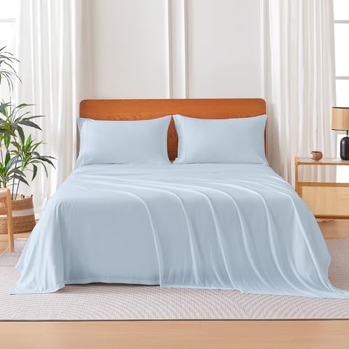 Image of Amazon Basics Jersey Knit 4-Piece Sheet Set, Wrinkle Free and Easy Fit, Includes 16 inch Deep Pocket Fitted Sheet, 1 Flat Sheet and 2 Pillowcases, King, Blue